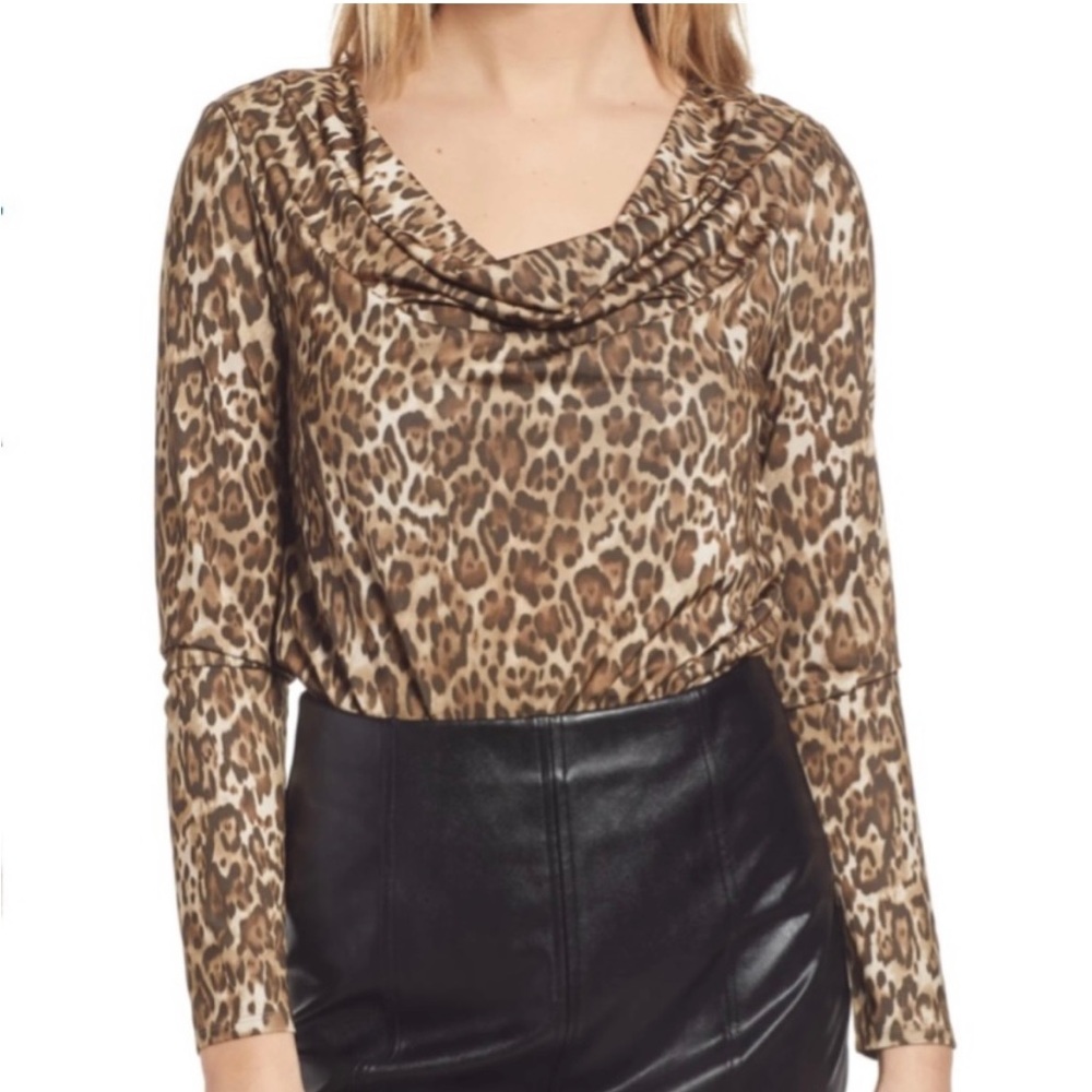 Wayf Solano Ruched Drape Neck Leopard Animal Print Long Sleeve  Bodysuit Size L